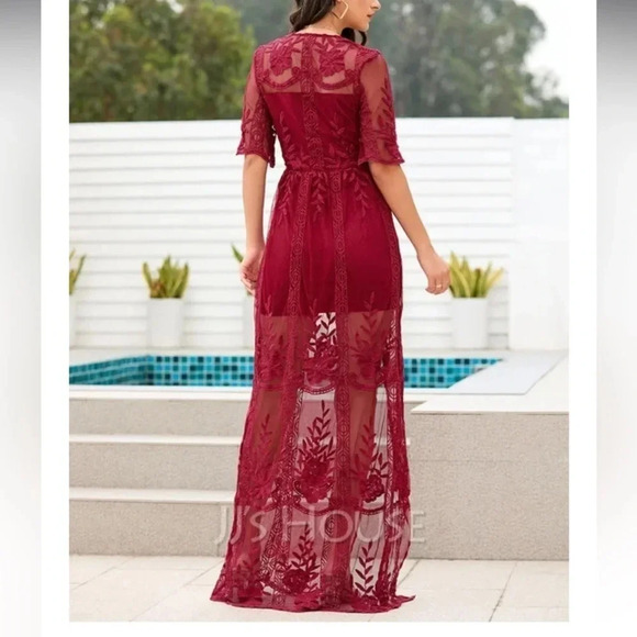 Maroon Deep V-Neck 1/2 Sleeves Sheath Lace Midi Dresses w side slits size small - Picture 4 of 16